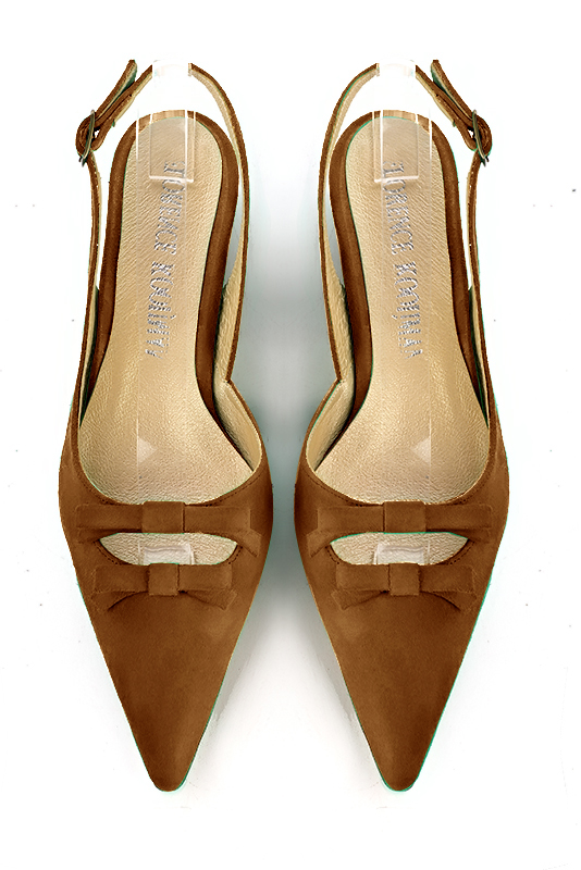 Caramel brown women's open back shoes, with a knot. Pointed toe. Flat kitten heels. Top view - Florence KOOIJMAN